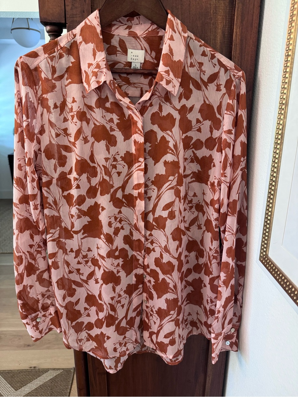 A New Day Blouse Womens Large Pink Floral Chiffon Long Sleeve Button Up